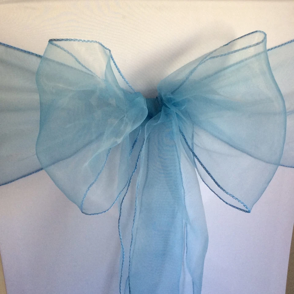 Polvoriento Azul Organza Silla Fajas Silla Lazos Arco Cinta Boda Aniversario Decoración Foto 3 de 4