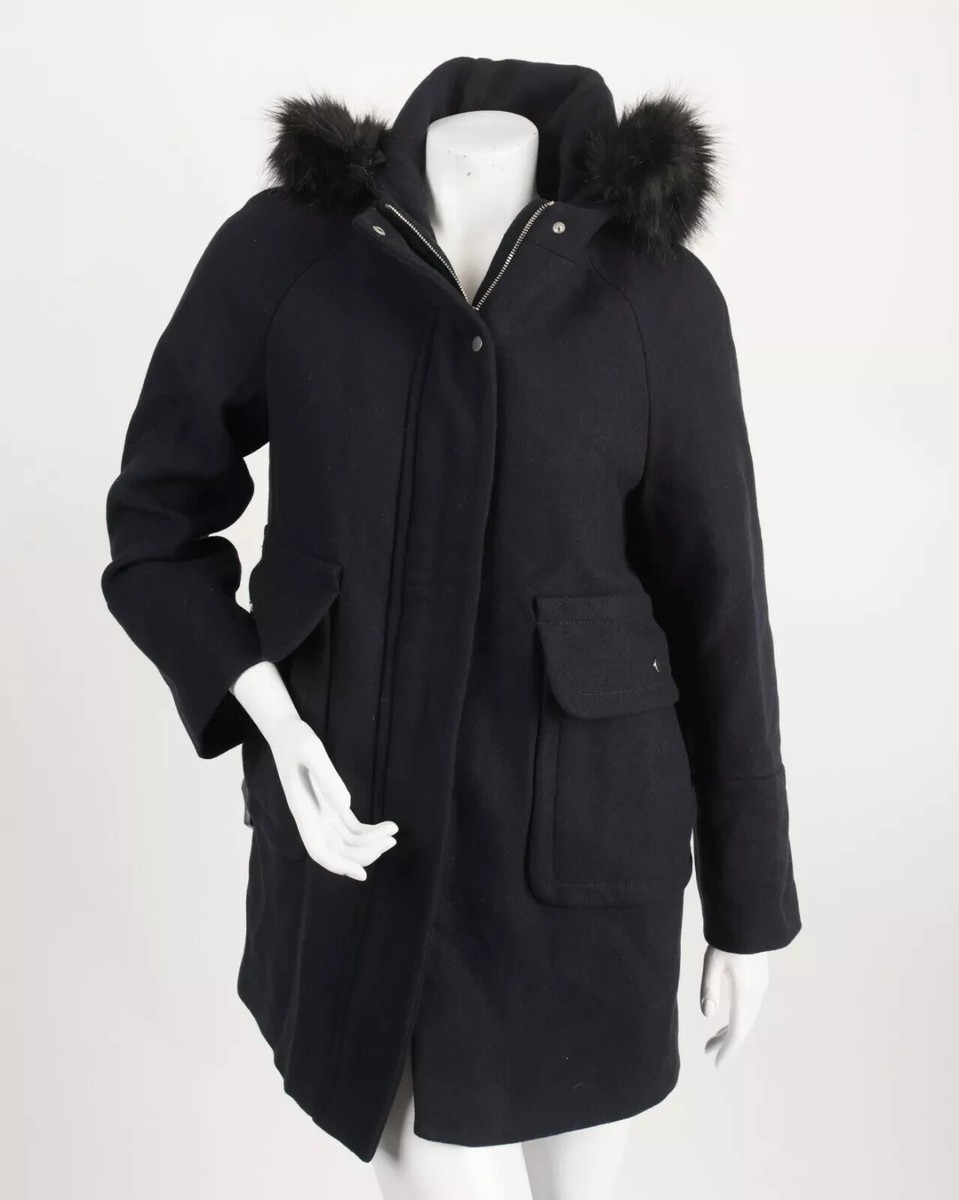 New Zara Women Navy Blue Wool Coat Jacket Faux Fur Hooded Pockets