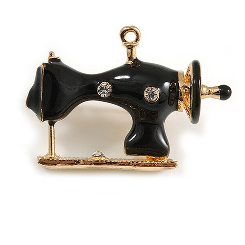 Vintage Inspired Gold Tone Black Enamel Sewing Machine Brooch 35mm
