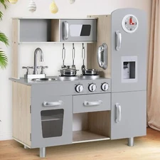 Wooden Play Kitchen for Kids Pretend Toddler Cooking Playset W/Sounds & Lights