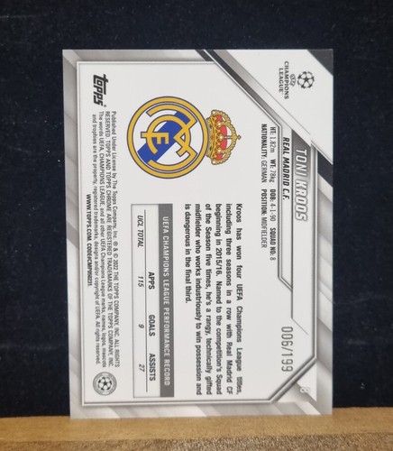 2021/22 Topps Chrome UEFA Aqua Refractor Toni Kroos #8 (006/199) - Picture 4 of 4