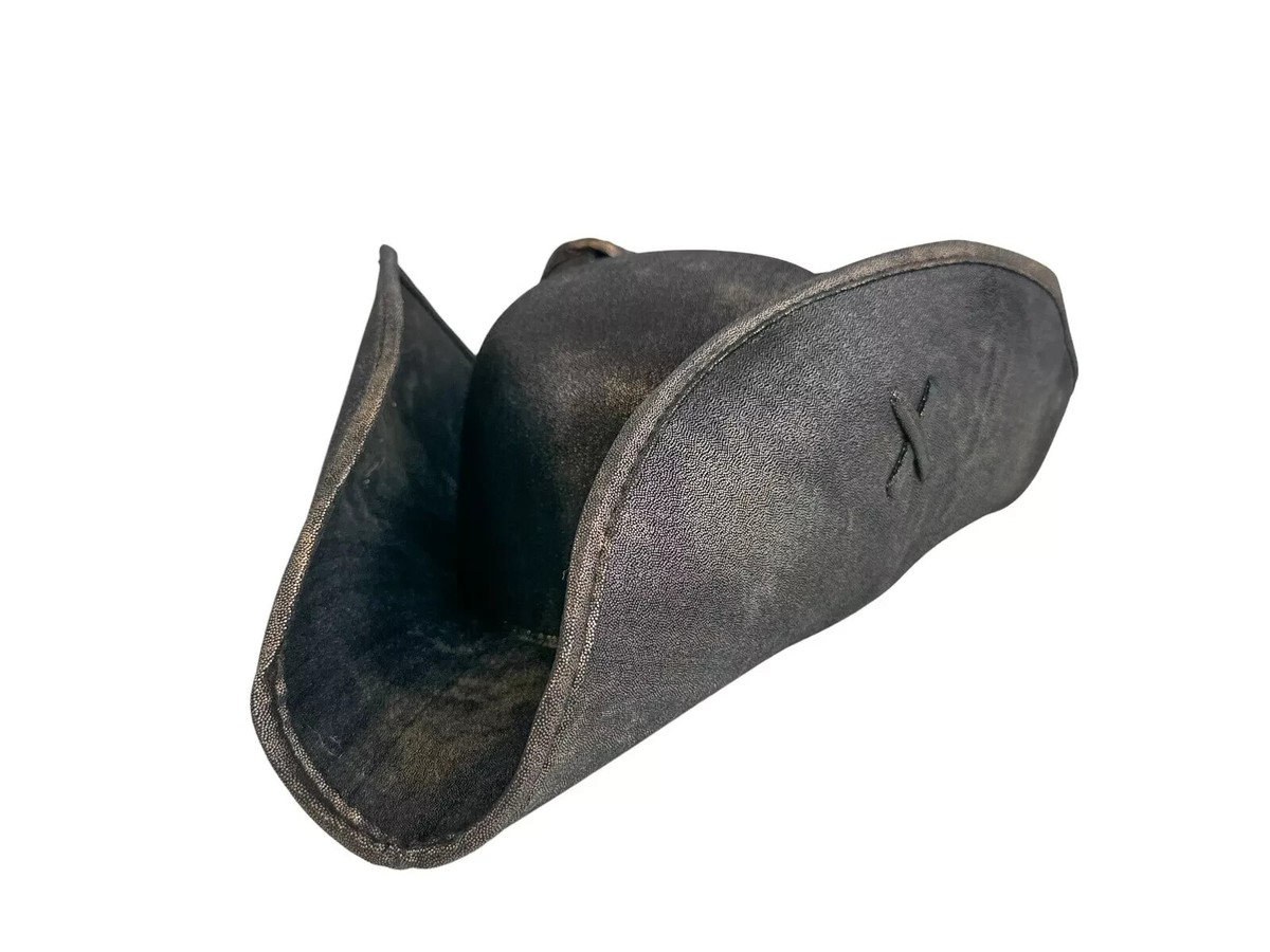 BLACK PIRATE TRI-CORNER COSTUME HAT REAL LEATHER 100%