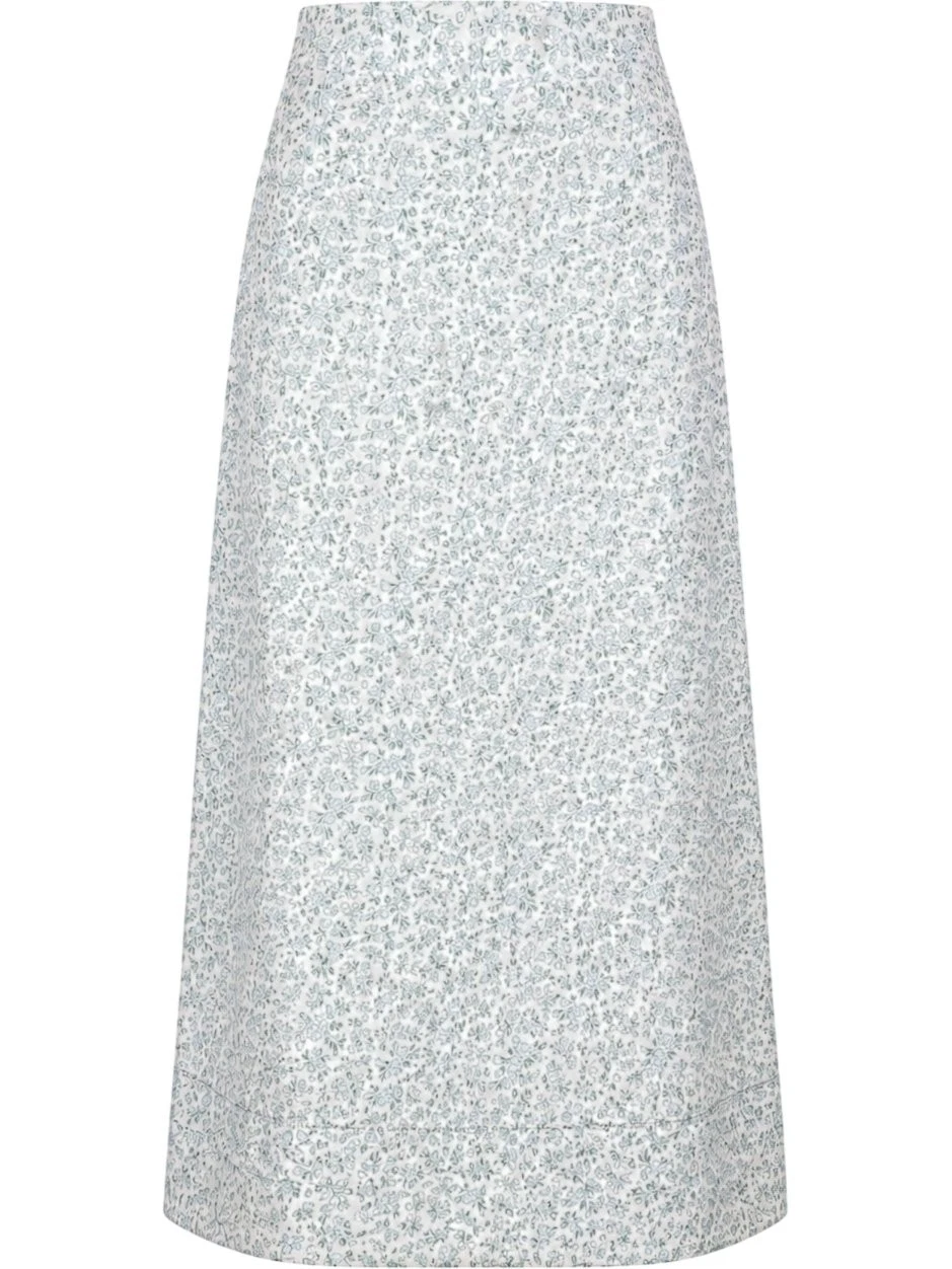 Laura Ashley Linen Floral Midi Skirt UK 14 White Green Blue A Line Cottagecore