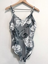 Kona Sol Women's L Leaf Print Ring Strap One Piece Swimsuit Green White
