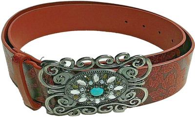 Rhinestone Buckle, Tooled Brown Leather Belt, Turquoise Pearl Topaz, Wms sz 41