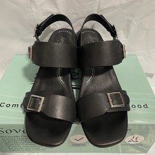 Sovella Women's Black Leather Strappy Buckle Block Heel Sandals US 6.5-7