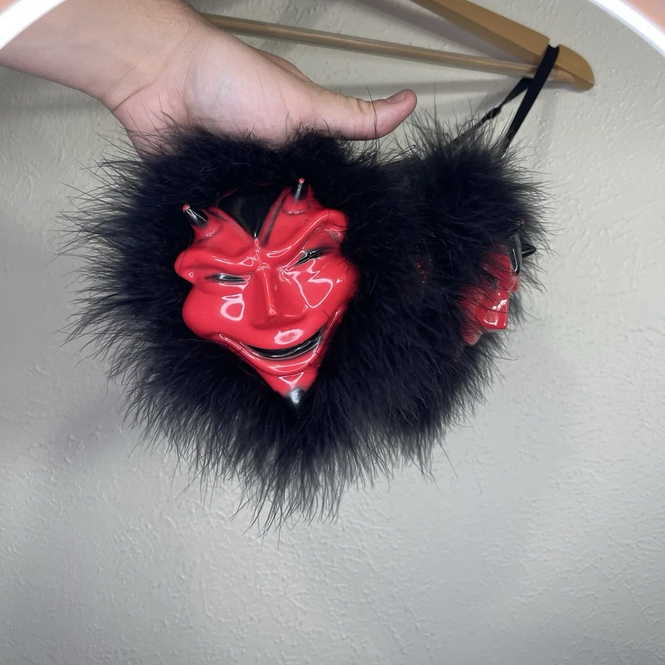 Y2K Angela Zampelli Mode Merr Devil Mask Bra 32B Black Faux Fur Red Demon - Image 4 of 4