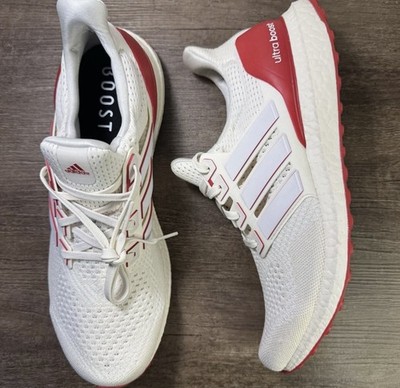 adidas Men's White/Red Ultraboost Low Top Lace-Up Running Athletic Sneakers