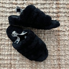 UGG Fluff Yeah Slide Slippers Women's 10 Black Sheepskin Fur Logo Strap EUC