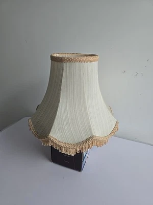 Bell Lampshade Light Pink Tassle Fringe Cream Green Lined Design Medium 9" Tall - Image 1 of 4