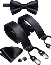Men Suspender Bowtie Set Suspenders Pre-tied Bow Tie Pocket Square Cufflinks ...