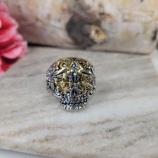 Daisy Eyes Sugar Skull Ring Day of the Dead Stainless Steel with Gold PVD Plate