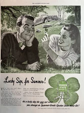 1946 Quaker State Motor Oil Lucky Summer Grade Clover Oil City Vintage Print Ad
