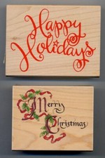SET OF 2 STAMPS - Calligraphy Merry Christmas  Swirl Happy Holidays - BRAND NEW