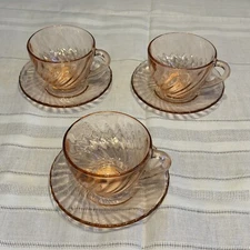 Cristal D'Arques-Durand Rosaline Pink Swirl Optic Cup Saucer Set Of 3 VTG 90s