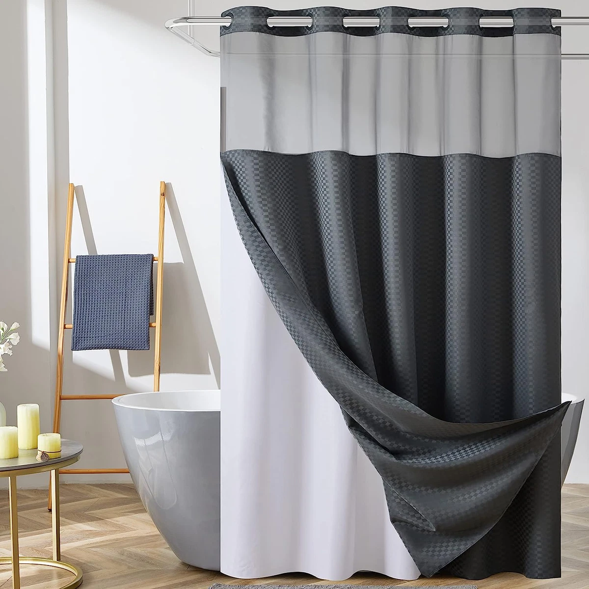 Furlinic No Hook Checkered Shower Curtain with Snap in Fabric Liner,Honeycomb  Te