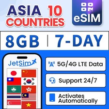 Asia 10 Countries eSIM - 8GB High-Speed, 7 Day JetSim Travel eSIM