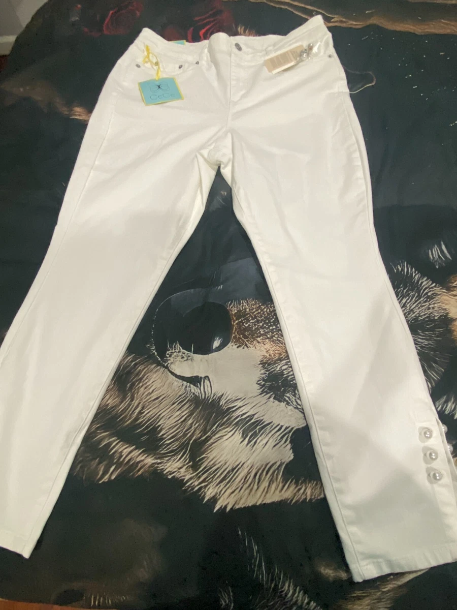 CECE Jeans Women s Size 14W White High Rise Skinny Denim w Pearl Trim inseam 27
