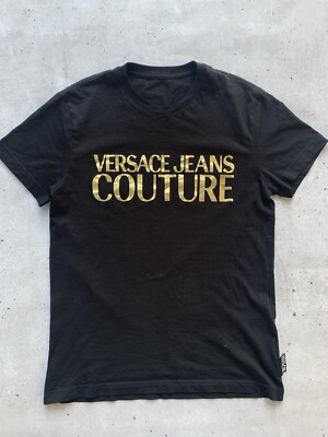 VERSACE JEANS COUTURE Men s T-Shirt Black Gold Foil Spell Out Logo Size S Slim