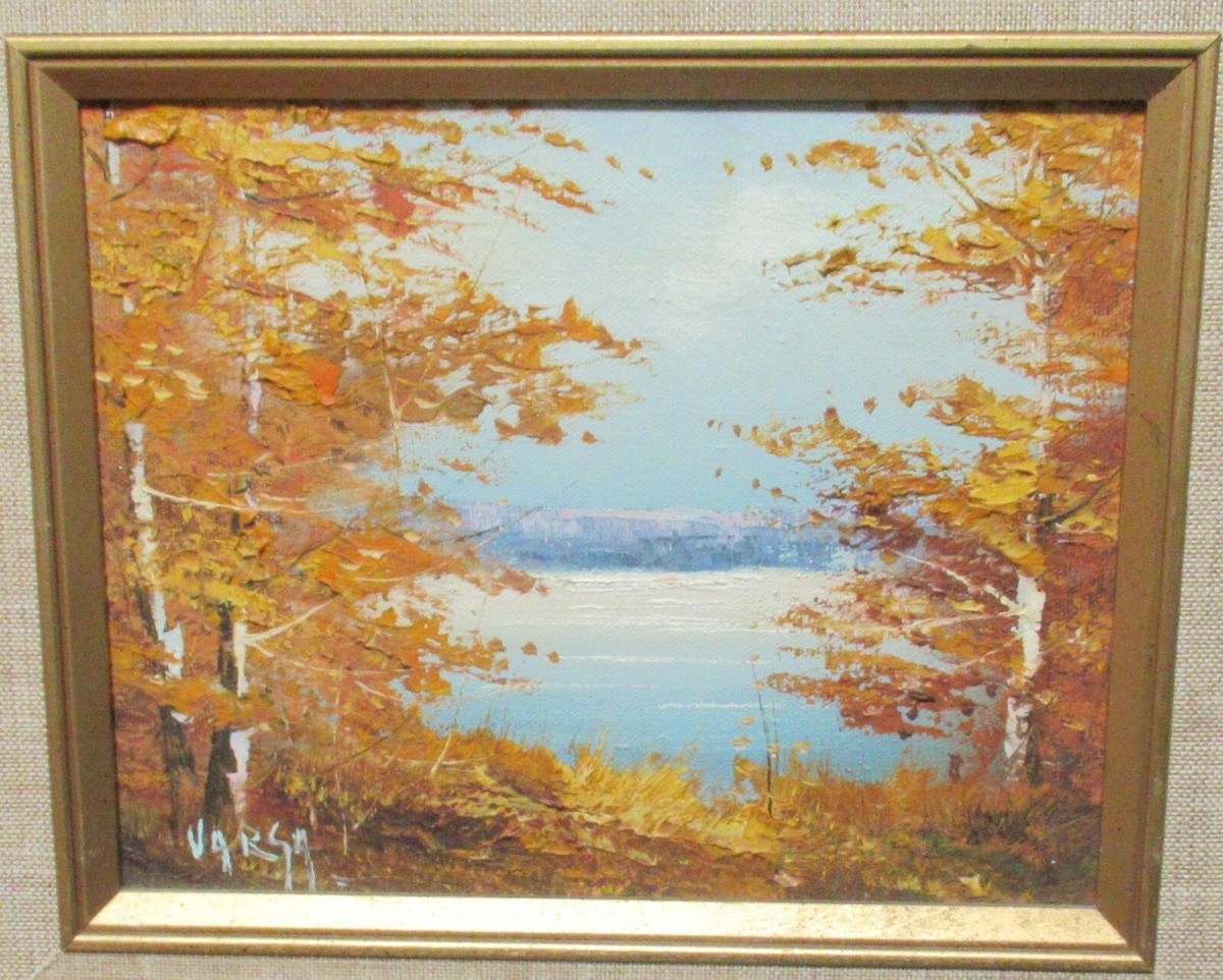VARSA ORIGINAL OIL ON CANVAS AUTUMN TREES LAKE LANDSCAPE