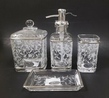BELLA LUX 4 PC GLASS,WHITE FLORAL,LEAF,SILVER SOAP DISPENSER,JAR,DISH,TUMBLER