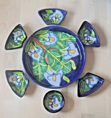 Vintage Talavera Pottery Platter & 6 Divided Condiment Dishes Blue Floral Mexico - Picture 3 of 6
