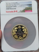 2017 Canada 100th Anniversary .9999 Silver 2oz. Half Dollar Gilt Gild NGC PF 69