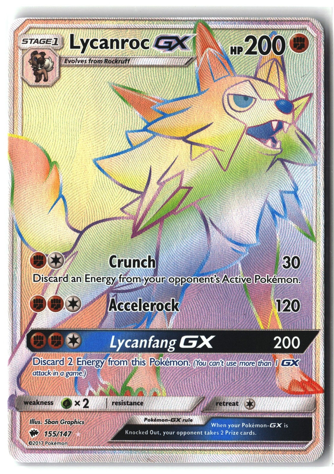 Lycanroc GX ⭐️ 155/147 Holo Rare Rainbow Burning Shadows 2017 Pokemon NM