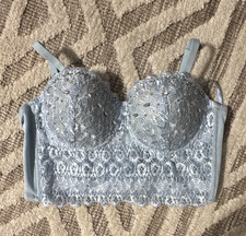 Windsor Bridal Blue Floral Lace Beaded Underwire Bustier M Padded Adjustable
