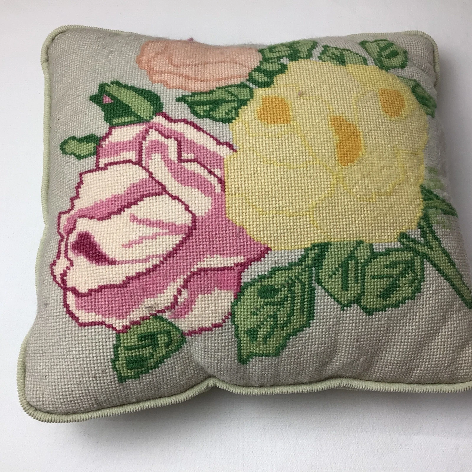 Vintage Needlepoint Pillow Floral 12x11" pink yellow green corderoy back