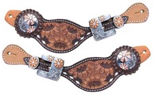 Showman Ladies Sunflower Tooled Spur Straps Copper Conchos Buckles