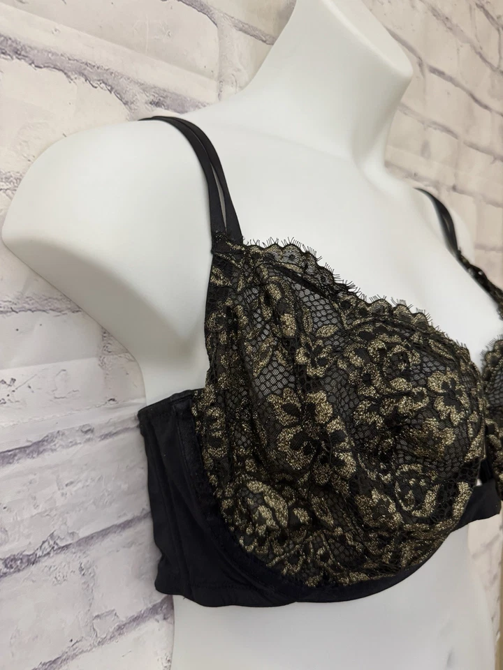 Sujetador Cacique 44DDD Sin Forro Balconette Negro Dorado Encaje Con Aros Lencería Sexy Foto 2 de 4