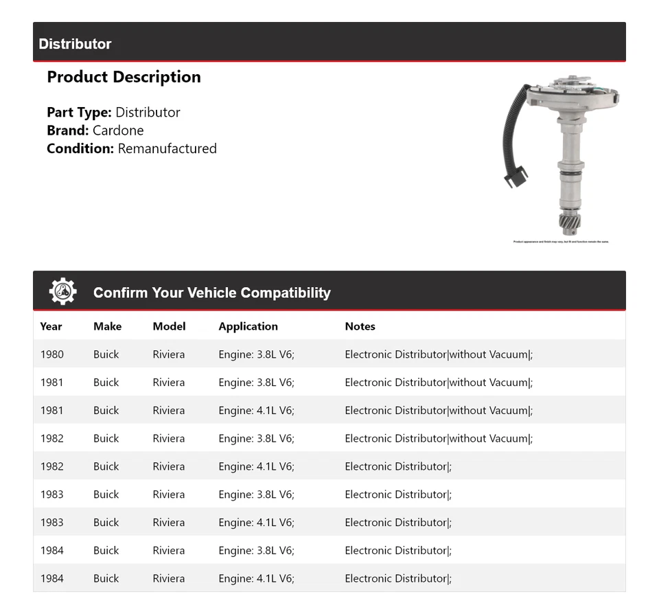 Cardone distribuidor Buick Riviera 1980-1984 1981 1982 1983 Foto 2 de 4