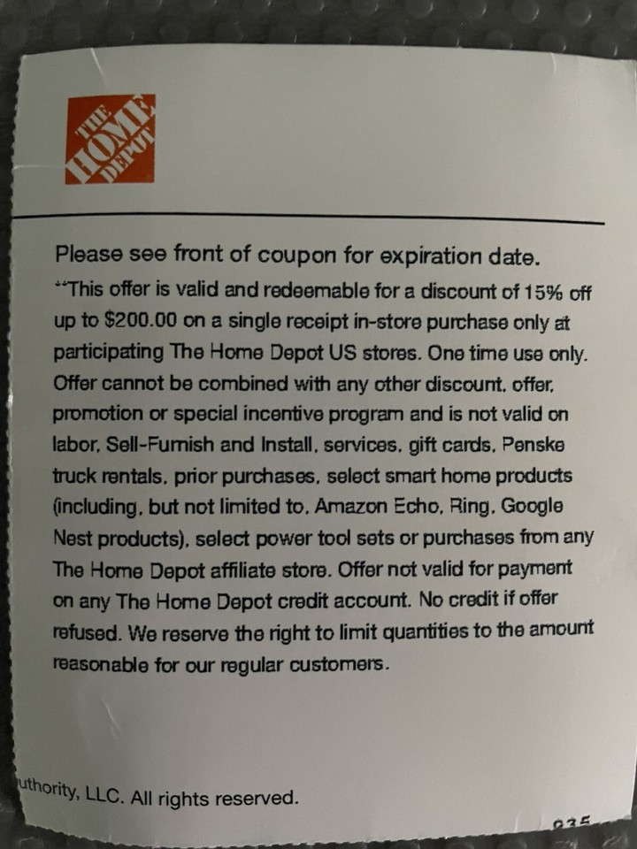15 Off Your entire Instore purchase. Home Depot Coupon. eBay
