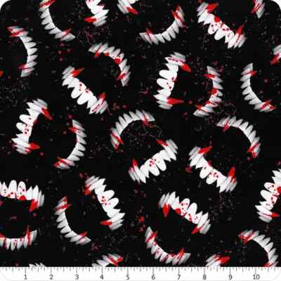 Timeless Treasures Wicked Black Bloody Vampire Fangs Cotton Fabric BTY x 44''