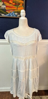 Free People Retro Kitty Crochet Trim Dress Ivory Blue Lagenlook Sz Medium M  $128 - Main Image