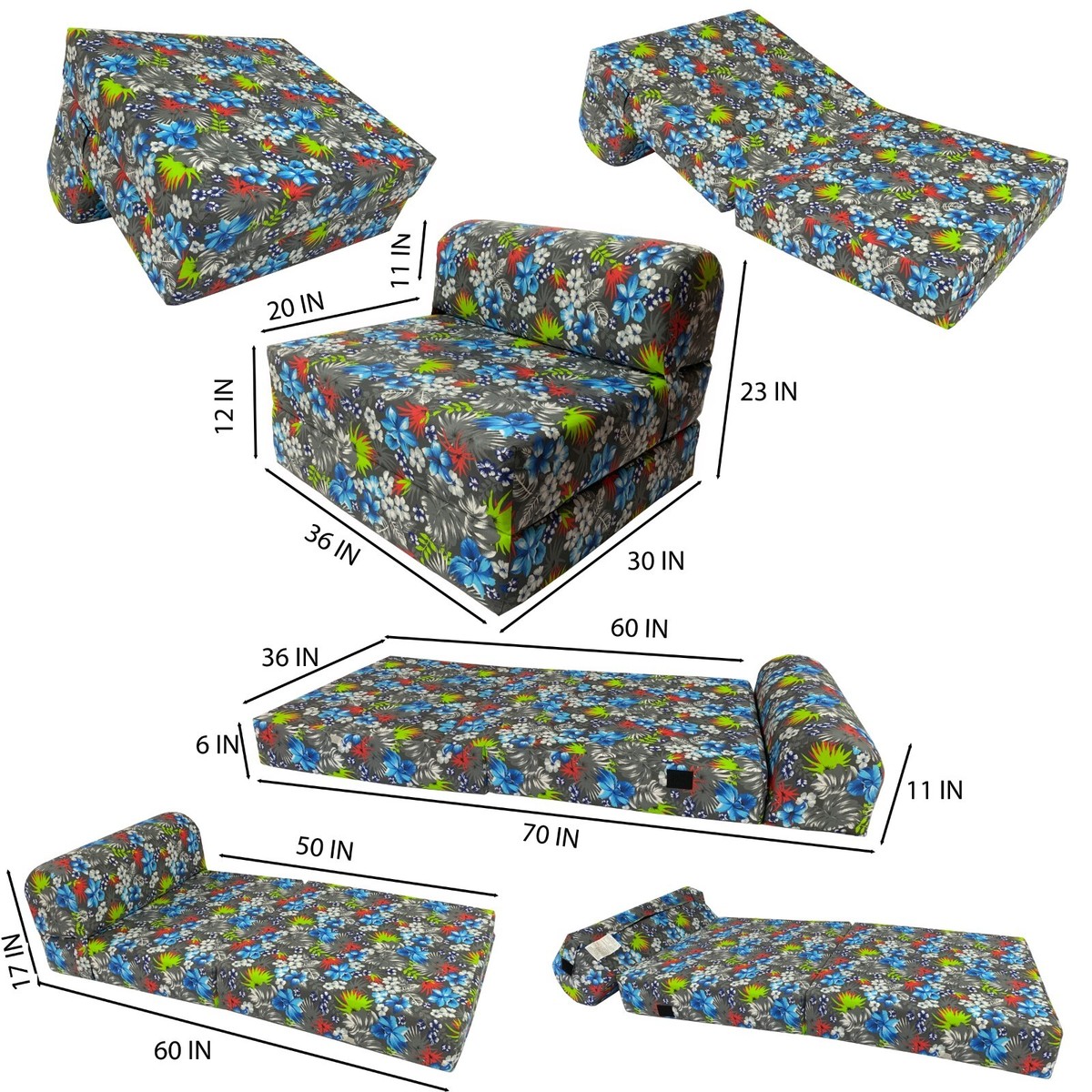Blue Tropical Flowers Sleeper Chair Folding Foam Bed, Sofa Beds 6