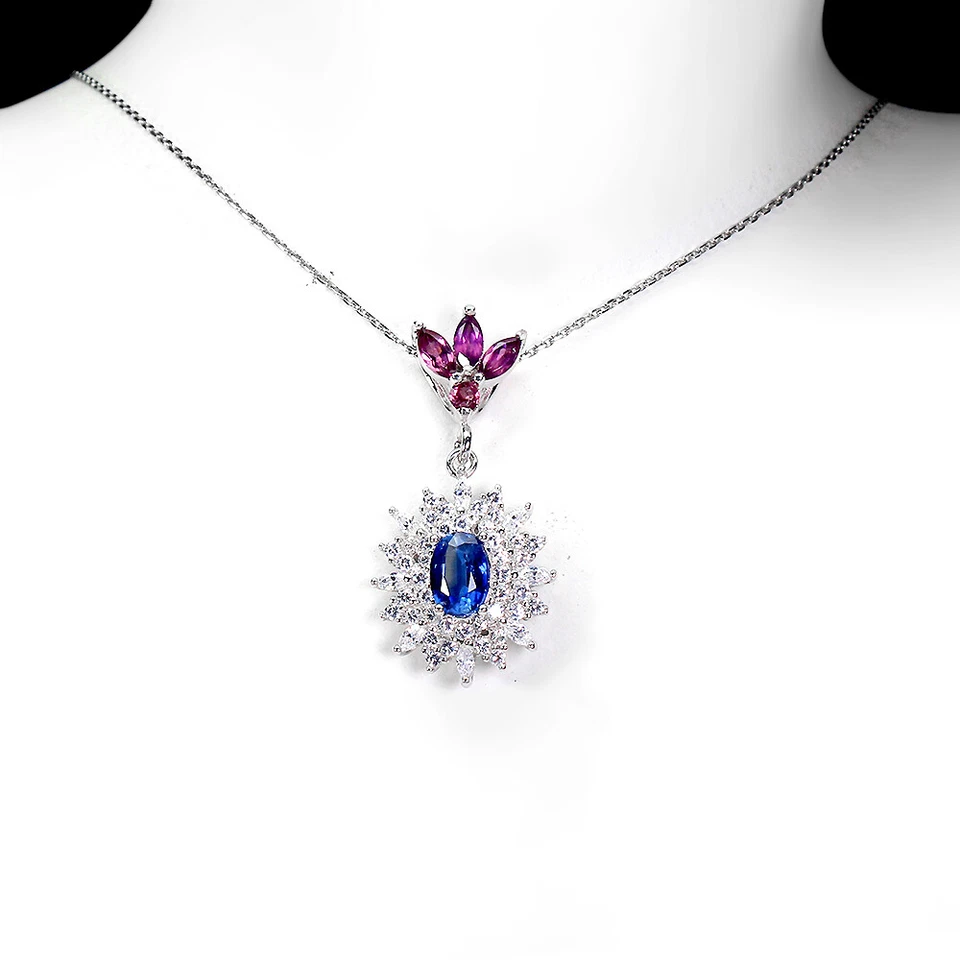 Collar de plata de ley 925 ovalado cianita rodolita granate piedras preciosas joyería Foto 2 de 4