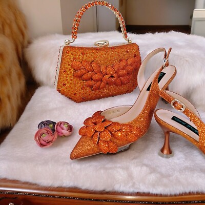 Orange Rhinestone Heels with Crystal Purse Matching Set Wedding