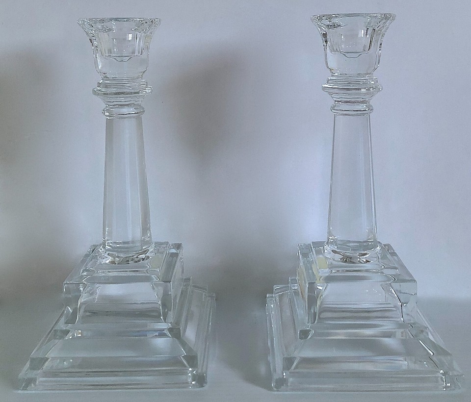 SET OF 2 VINTAGE CLEAR GLASS CANDLE PILLAR HOLDERS CRYSTAL PENDANT WAX