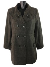 Lee Cooper Coat Jacket 14 Brown Wool Button Pockets Back Belt Midi Herringbone