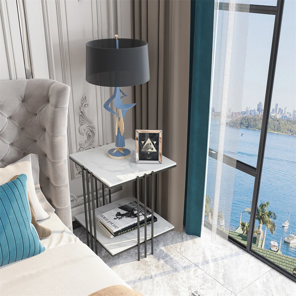 Mesa auxiliar moderna de mármol glamuroso con acento cuadrado mesa de centro de 2 niveles con estante de almacenamiento Foto 4 de 4