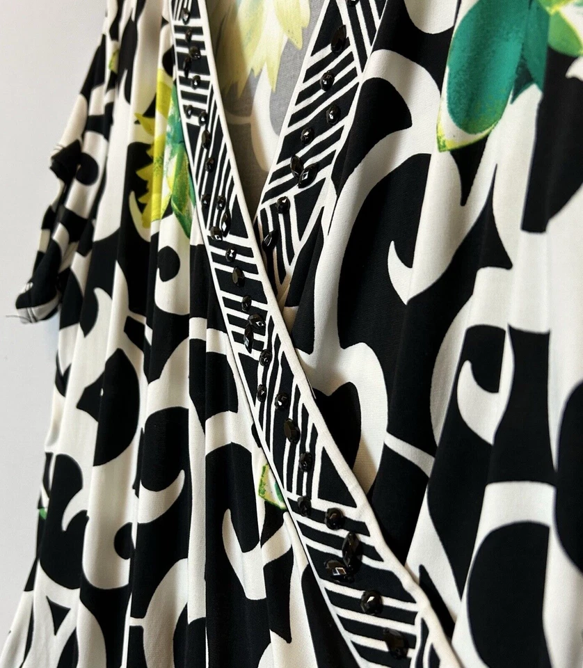 Vestido Alfani Mujer Extra Grande Negro Blanco Verde Floral Cuello en V Cuentas Foto 4 de 4