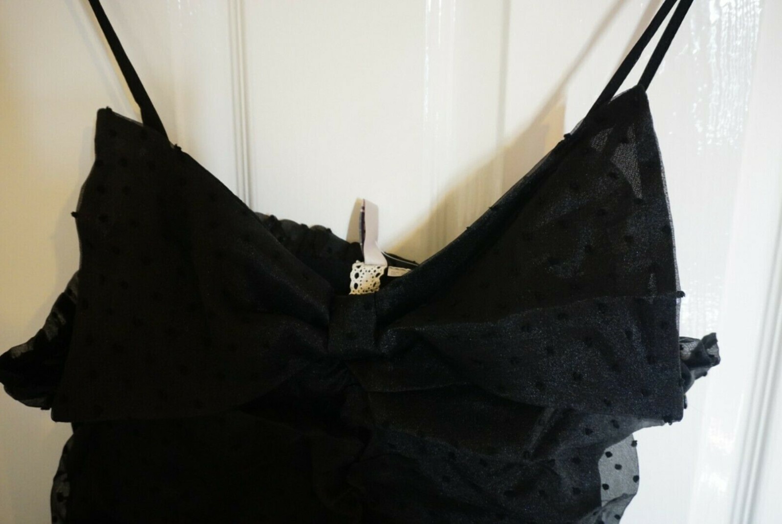 H&M Bow Flounced Dress Black Airy Fabric Plumeti Draped Flared Skirt Size M thumbnail 6