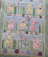 Vintage Handmade Machine Sewn baby quilt chicks and bunnies 42" by "60 EUC