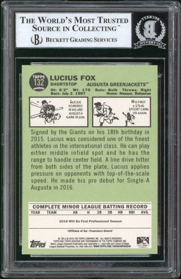 Giants Lucius Fox Signed 2016 Topps Heritage Minors #132 Rookie Card BAS Slabbed - Image 2 of 2
