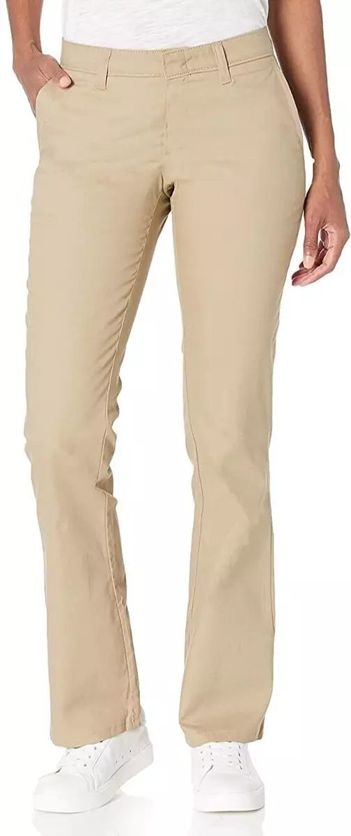 DICKIES GIRLS JUNIORS HH160 STRETCH TWILL LOW RISE BOOT CUT PANTS,KHAKI,US  5,NEW