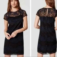 ANN TAYLOR LOFT Black Blue Sheer Floral Lace Short Sleeve Shift Dress Size 0