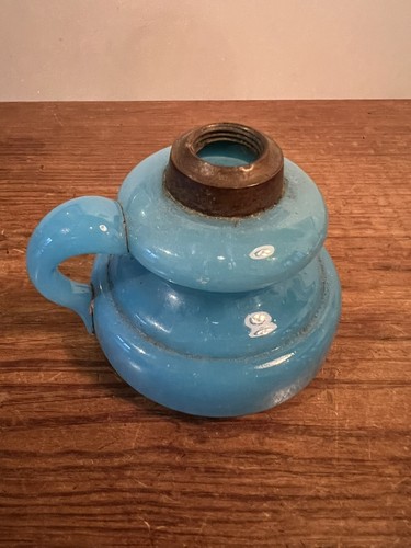 Antique Oil Lamp Font In Opaque Turquoise Glass Brass Burner Fitter C:-1890s. - Picture 9 of 14