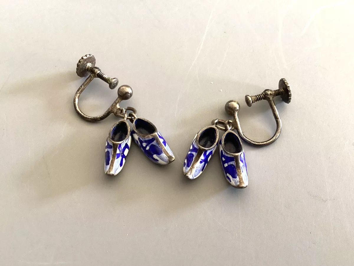 Vintage European Silver Delft Blue Enamel Clog Shoe dangle